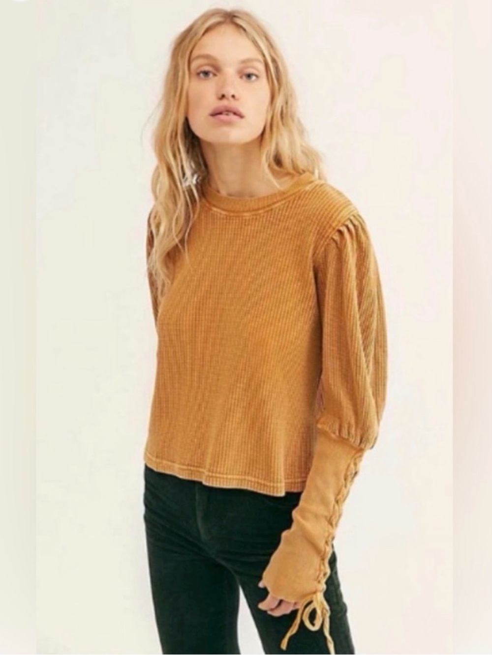 Free People One Tasha Thermal Waffle Knit Lace Up Puff Sleeve Women's Size Small